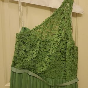 Forest green one shoulder, floor length dress